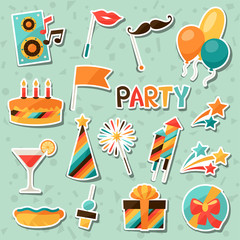 Celebration set of party sticker icons and objects.