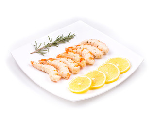 Boiled shrimps on plate.