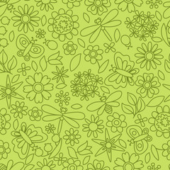 Natural pattern with beautiful flowers, beetles and butterflies.