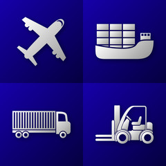 set of export import icons - plane, cargo ship, truck, forklift