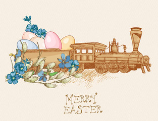 Easter greeting card with egg, flowers on beige background
