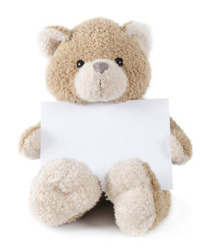 teddybear holding paper or greeting card