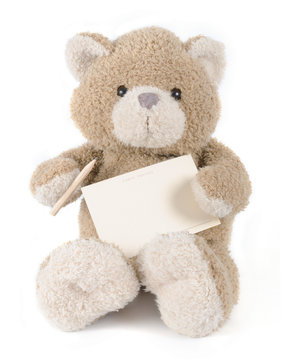 teddybear holding pencil and paper. Greeting card.