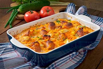 Casserole with sausage, bacon and apples in a pumpkin sauce