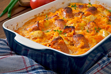 Casserole with sausage, bacon and apples in a pumpkin sauce