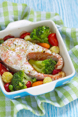 Baked red salmon with vegetables