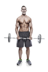 Obraz na płótnie Canvas Muscular bodybuilder guy doing exercises with dumbbells over whi