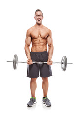 Fototapeta na wymiar Muscular bodybuilder guy doing exercises with dumbbells over whi