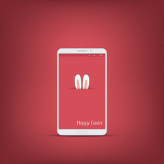 Happy easter message with smartphone. Bunny symbol ears on red