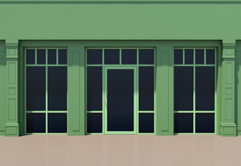 Green shopfront with large windows. Classic store facade.