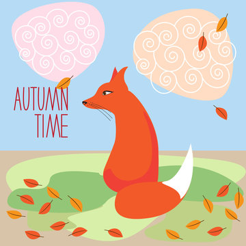 illustration with fox looking at the autumn leaf fall