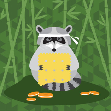 funny cartoon cute raccoon and cookie background for use in desi
