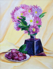 A bouquet of flowers in a vase with grapes. Oil painting.