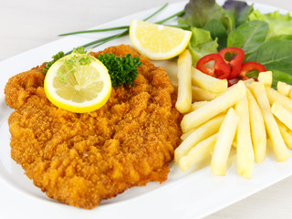 leckeres Schnitzel mit Pommes und Salat