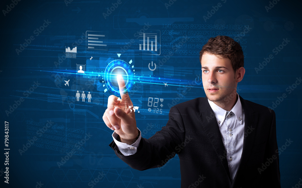 Poster Handsome businessman touching future web technology buttons and