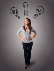 Young lady thinking with question marks overhead