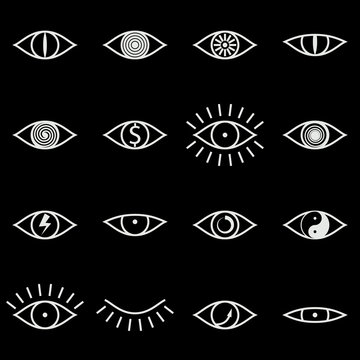 Set of Various Eye Icons on Black Background