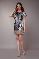 Naklejka premium Sexy beauty business woman in fashion dress perfect slim body