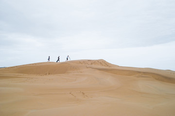 Fototapeta na wymiar Tourists travel through the dunes in the Atacama Desert