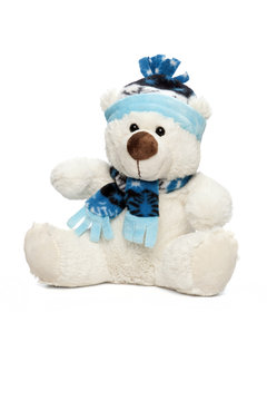 white teddy bear in a cap and scarf