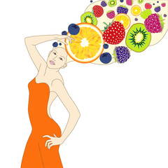 Beautiful girl with hair of fruit and berries