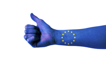 Main avec pouce levé, drapeau Union européenne