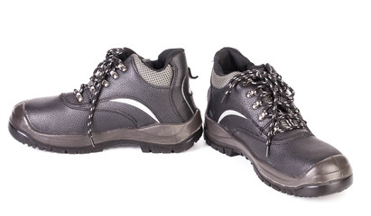 Black man's boots with gray bar.