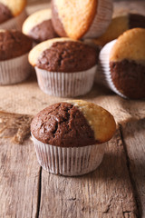 beautiful two-tone chocolate muffins close-up, vertical