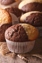 chocolate orange muffin on the table close-up, vertical