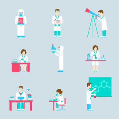 Science research lab people and objects flat icon set