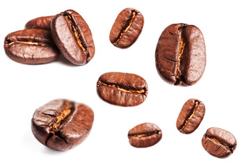 Collection of Coffee beans isolated on white background, closeup