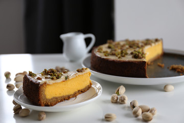 Pumpkin cheesecake with pistachio / Healthy colourful dessert - 79858907