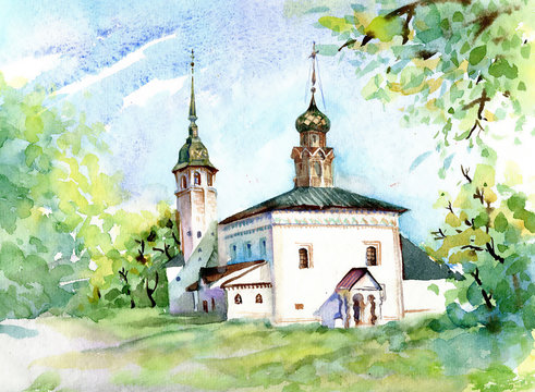 Watercolor Painting. Orthodox Church