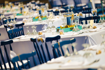 Elegant restaurant with blue seats