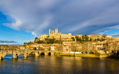 View of St. Nazaire Cathedral and Pont Vieux in Beziers, France