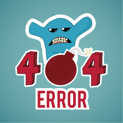 Error 404, monster and explosive text  on blue color background