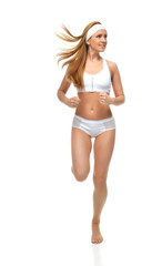 Happy young fitness beautiful slim sport woman jogging and runni