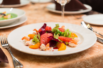 Seafood salad on a white plate