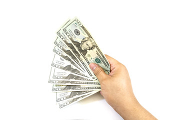 dollars money in hand on white background