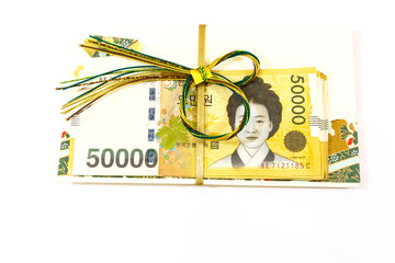 Korea money wit Gift envelope on white background