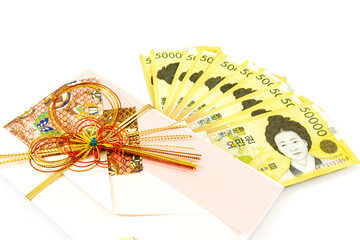 Korea money wit Gift envelope on white background