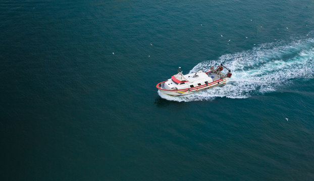 High angle view of a Tour boat in sea, Barcelona, Catalonia