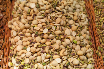Mixture of dry fruits for sale at a stall, La Boqueria Market