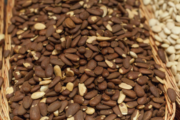 Almonds on sale at a market stall, La Boqueria Market, Barcelona