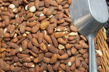 Salted almond nuts for sale at a market stall, La Boqueria