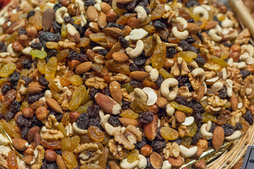 Mixture of dry fruits for sale at a market stall, La Boqueria