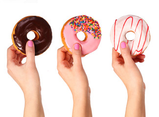 Donuts in hands collection, isolated on white background - 79871999