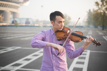 young crazy funny musician violinist asian man