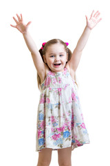 child with hands up isolated on white