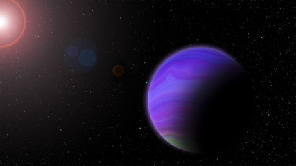 Fototapeta na wymiar Violet planet with Rising Sun